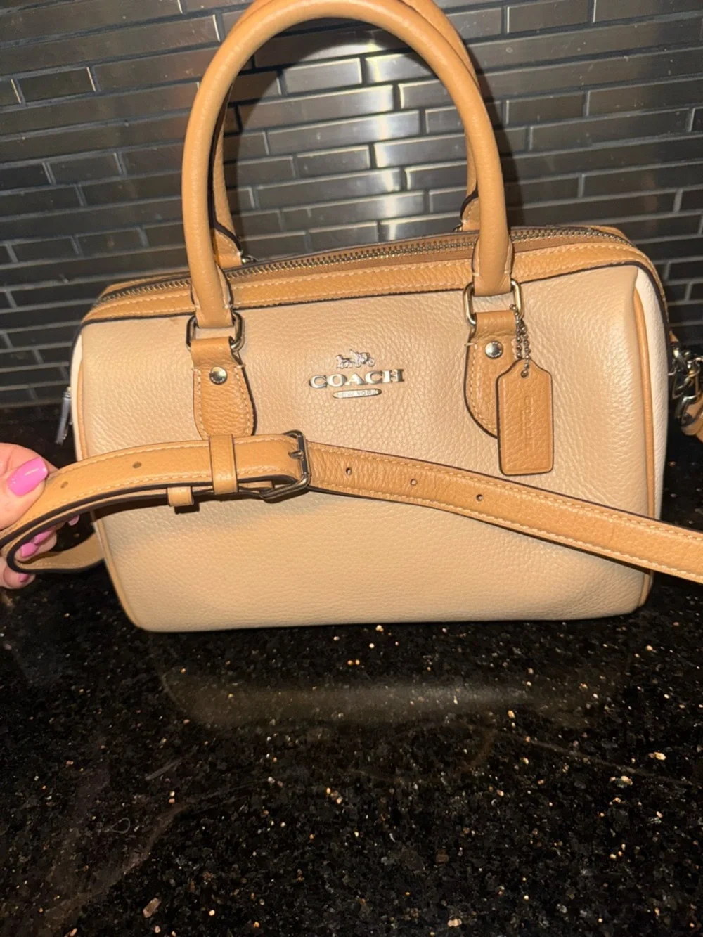 Coach Beige and Tan Leather Satchel with Crossbody Strap - Picture 4 of 10